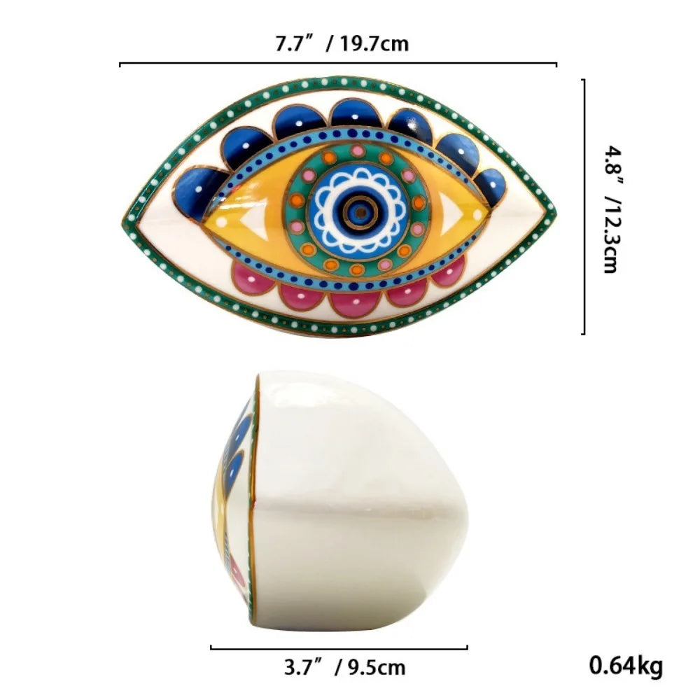 Moroccan Turkish blue evil eye ceramic figurine, unique bohemian home decor accent perfect for eclectic and boho home styles, adds soulful vibes and a cozy touch to any room, great for gifting as a boho home decor gift or housewarming present.