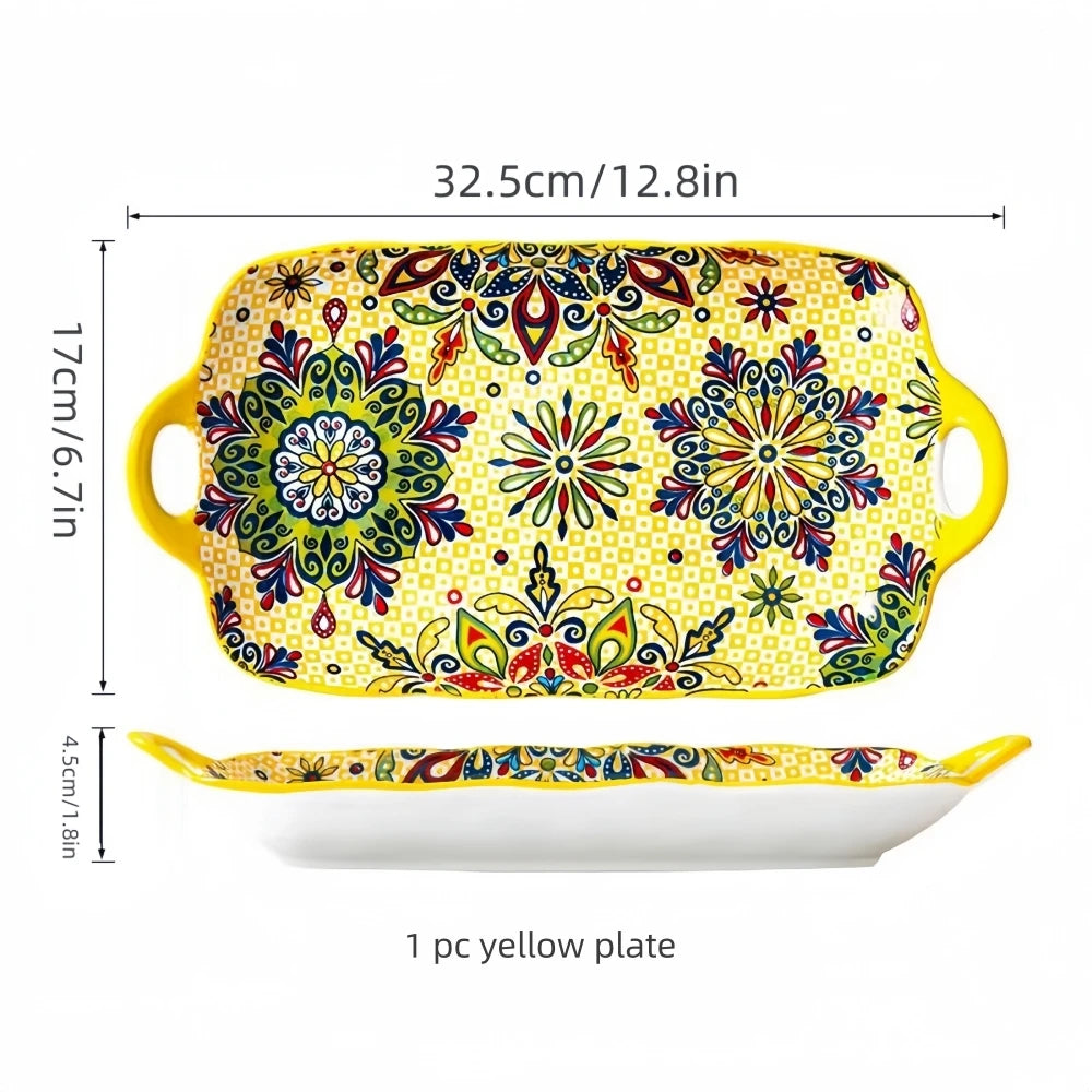 Boho Ceramic Fish Dish with Handle – Rectangular Serving Tray for Oven & Microwave
