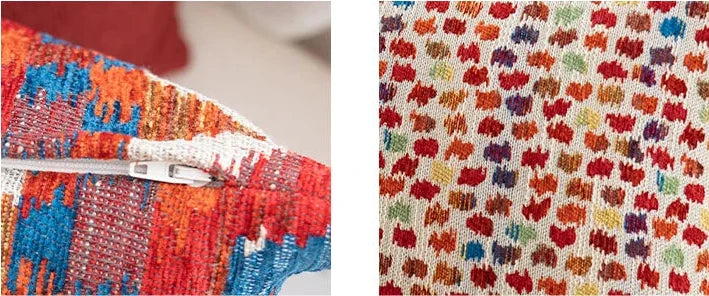 Textile material with colorful pattern and zipper on a white background. Bohemian Aztec woven pillow cover, geometric jacquard cushion for sofa, bed, or living room decor in neutral cotton blend fabric.