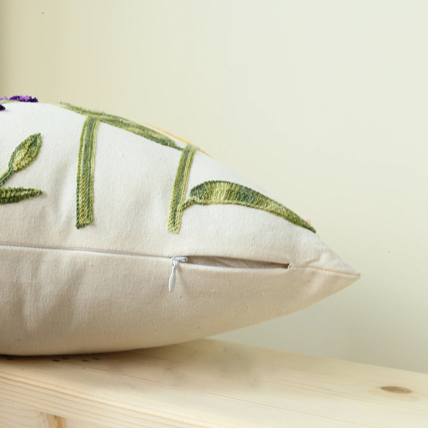 Sunflower & Lavender Embroidered Boho Throw Pillow Cover