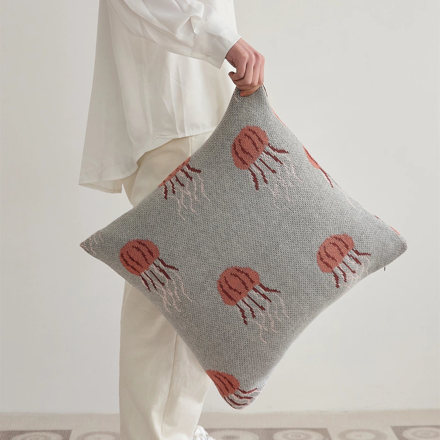 Elegant Jellyfish Embroidered Cotton Throw Pillow Cover â Ocean-Inspired Boho Home Decor Accent