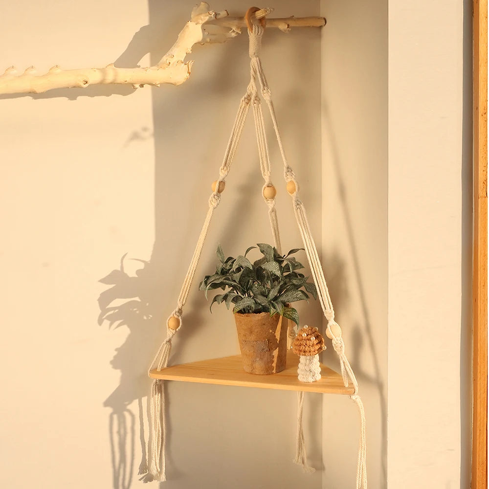 Boho Macrame Hanging Wooden Shelf – Handcrafted Floating Wall Shelf for Home Decor