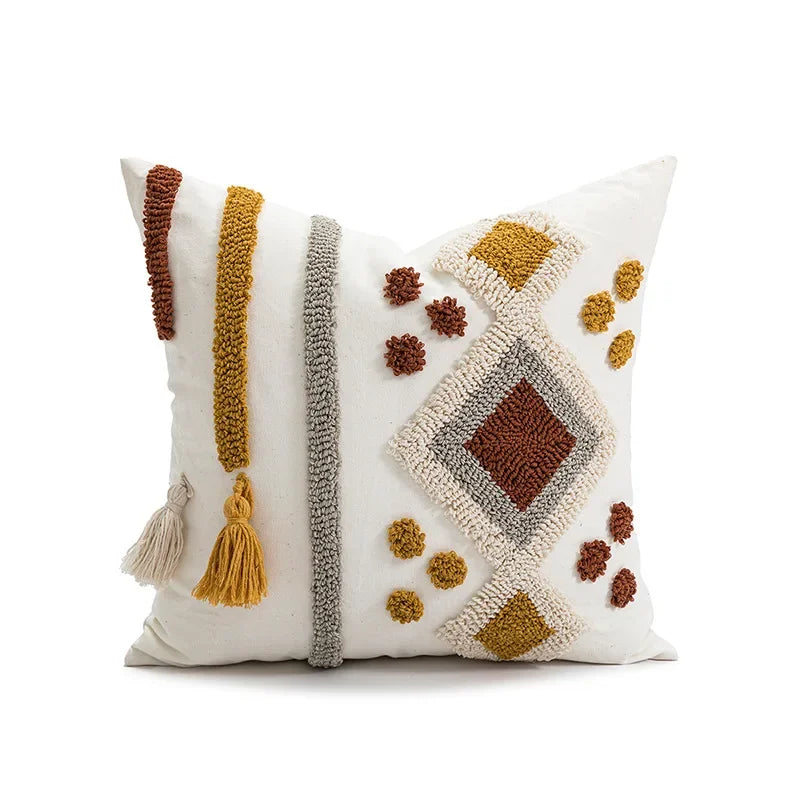 Boho Loop Tufted Cushion Cover – Handmade Cotton Canvas Pillow with Tassels & Embroidery