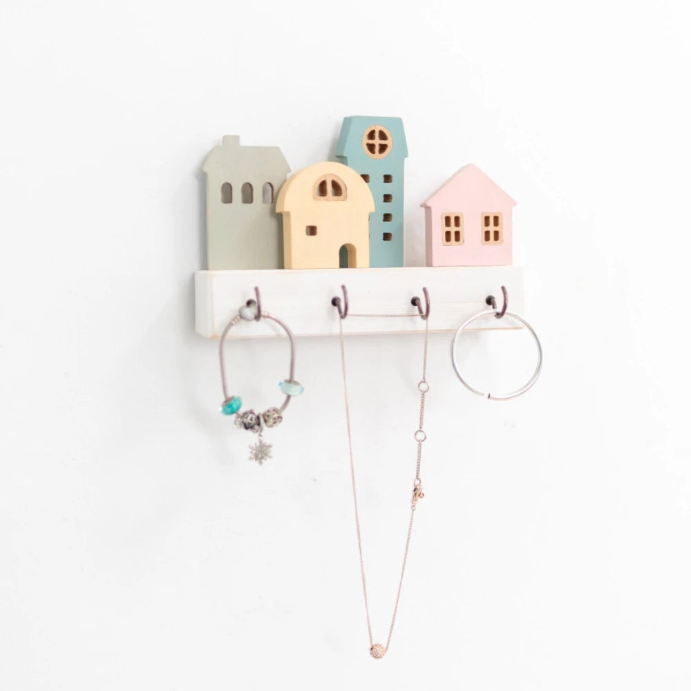 🏡 Fairytale Town Wall Hook Rack – Boho Wooden Key Holder & Decorative Village Scene Organizer