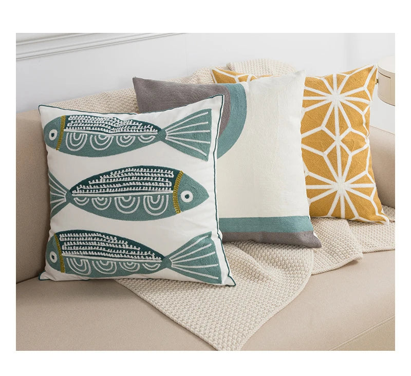 Fish Cozy Embroidered Throw Pillow Cover – Nordic-Inspired Boho Home Decor Accent