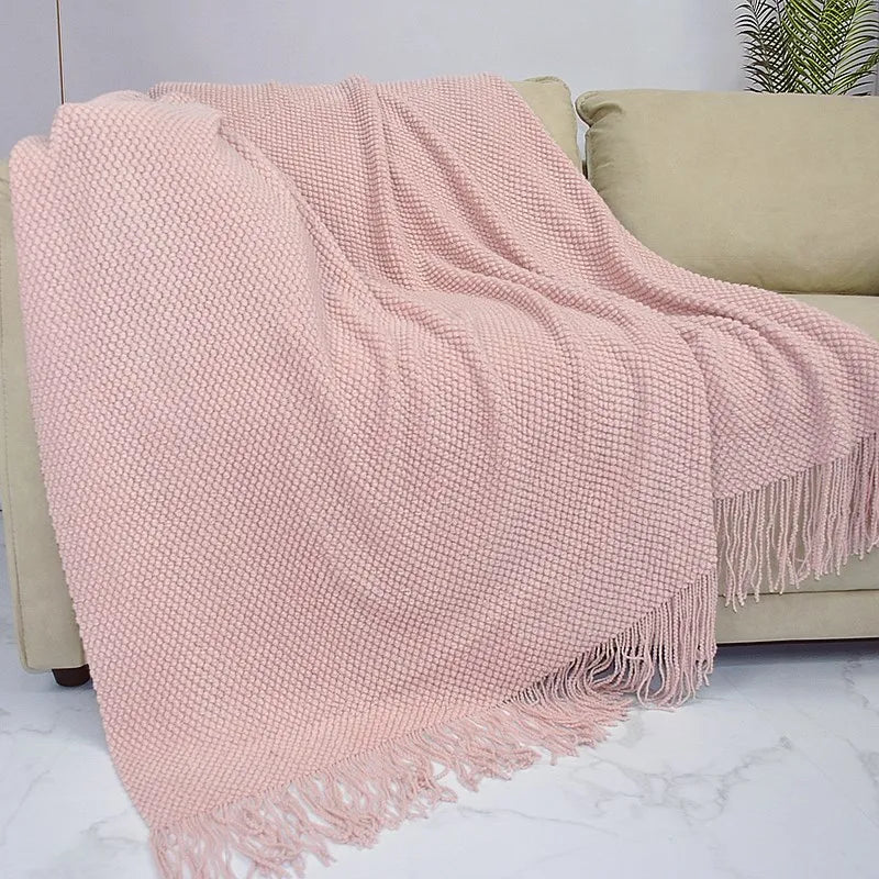 Cozy Knitted Waffle Throw Blanket – Soft Boho Home Decor with Tassels