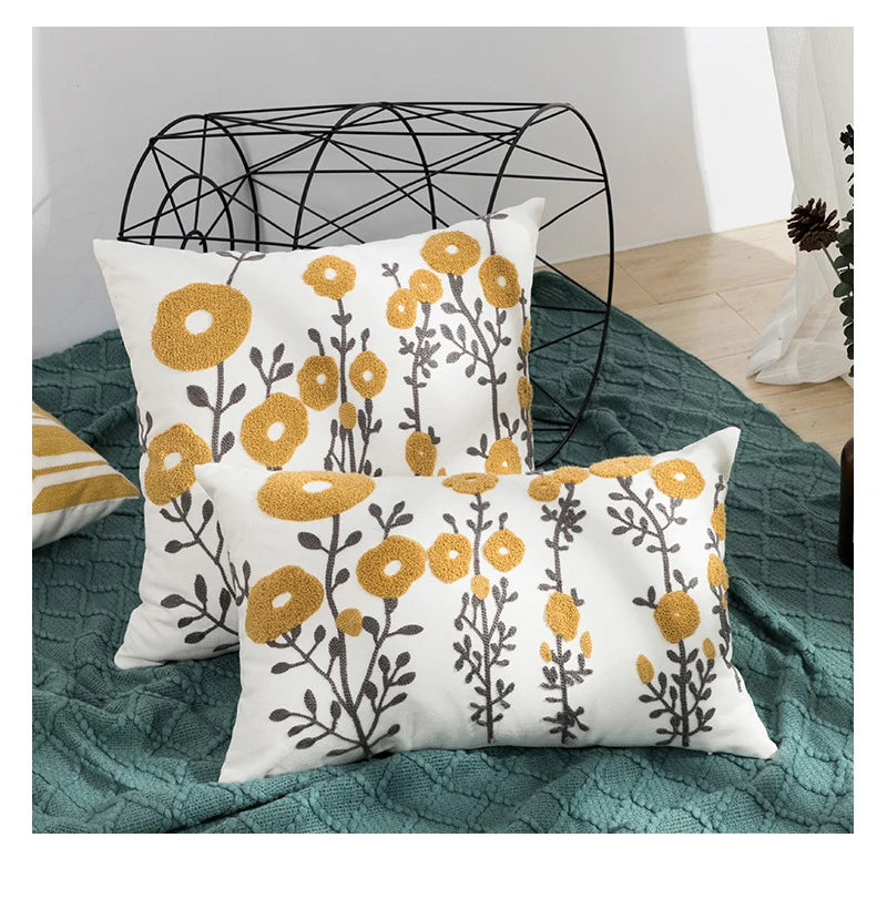 Floral Cozy Embroidered Throw Pillow Cover – Nordic-Inspired Boho Home Decor Accent