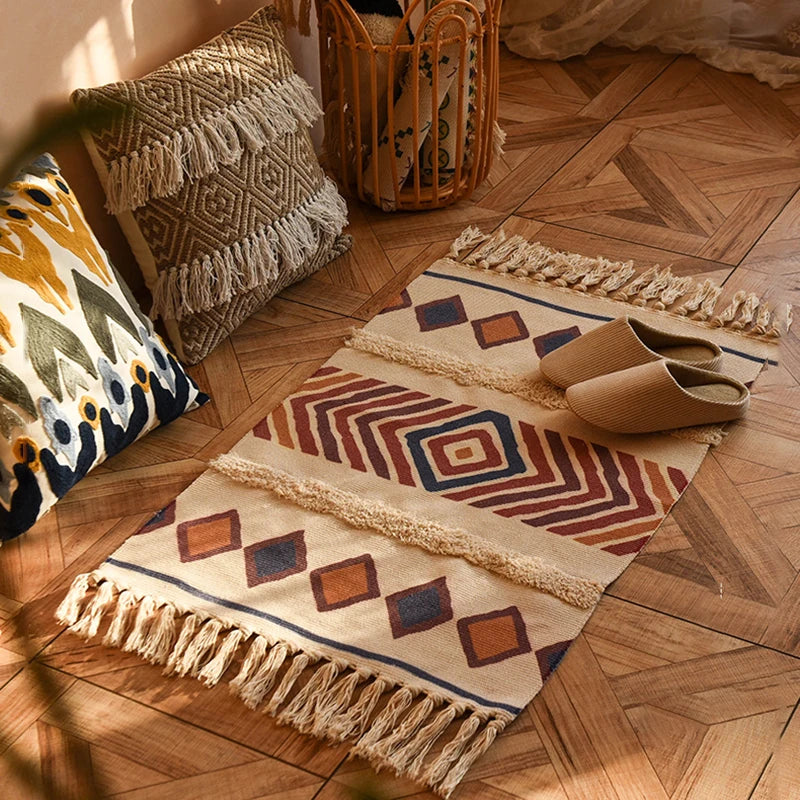 Bohemian Handwoven Tassel Rug – Vintage-Inspired Linen Accent for Home & Living Spaces - Rows of Flowers
