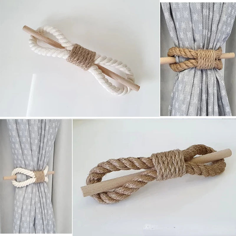 Rope curtain tiebacks with wooden rods on a white background boho home decor, curtain tie back, wooden curtain buckle, nordic home accessory, hemp rope curtain tie, rustic window decor, boho curtain accessory, modern farmhouse, minimalist curtain hold, housewarming gift idea