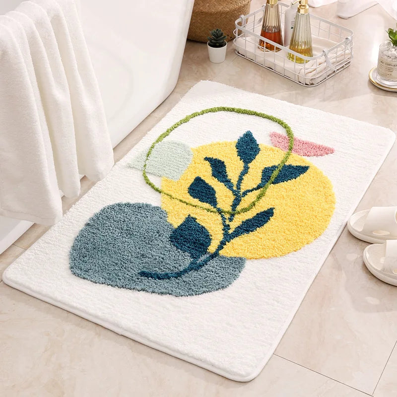 Boho Plant Art Non-Slip Bath Mat – Soft & Absorbent Bathroom Rug with Abstract Leaves