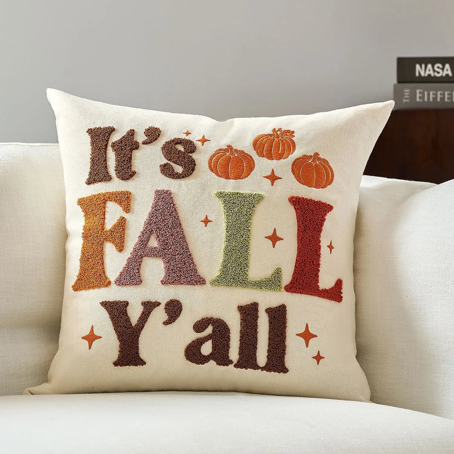 It's Fall Y'all Halloween maple pumpkin throw pillow cover with festive lettering, autumn-themed decorative cushion for sofa, bed, and seasonal home decor