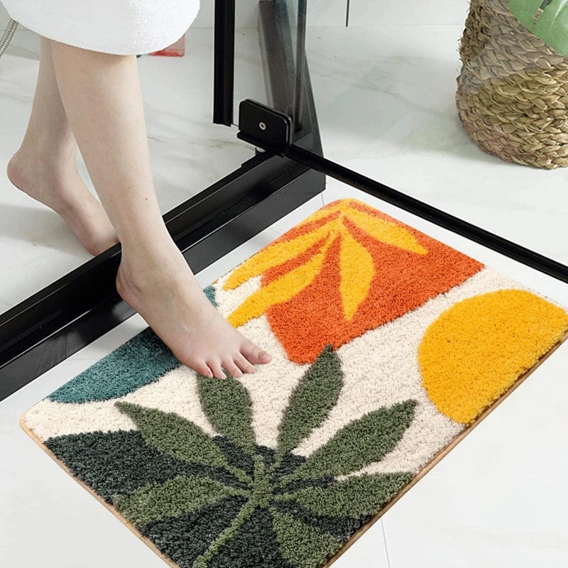 Boho Plant Art Non-Slip Bath Mat – Soft & Absorbent Bathroom Rug with Abstract Leaves