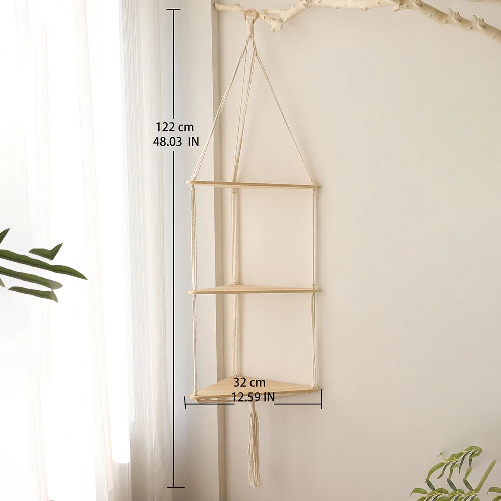 Boho Macrame Hanging Wooden Shelf – Handcrafted Floating Wall Shelf for Home Decor