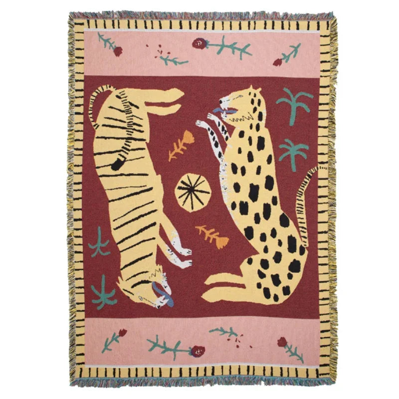 Decorative blanket with tiger and cheetah design on a red background Leopard design boho home decor blanket, decorative woven tapestry for living room or bedroom