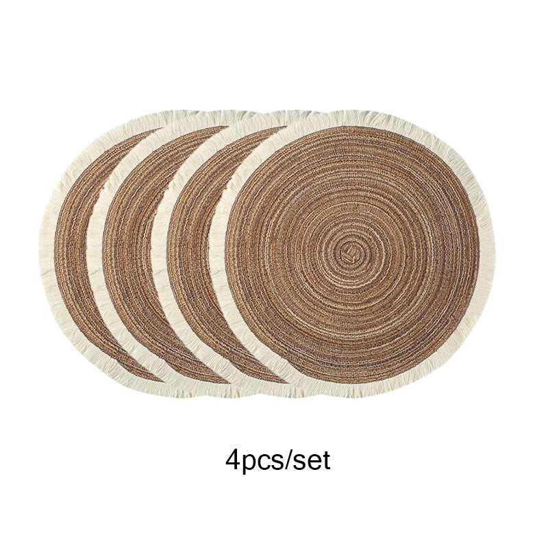 Set of 4 Round Braided Placemats – 15" Heat-Resistant Woven Table Mats for Boho Kitchen & Dining Decor
