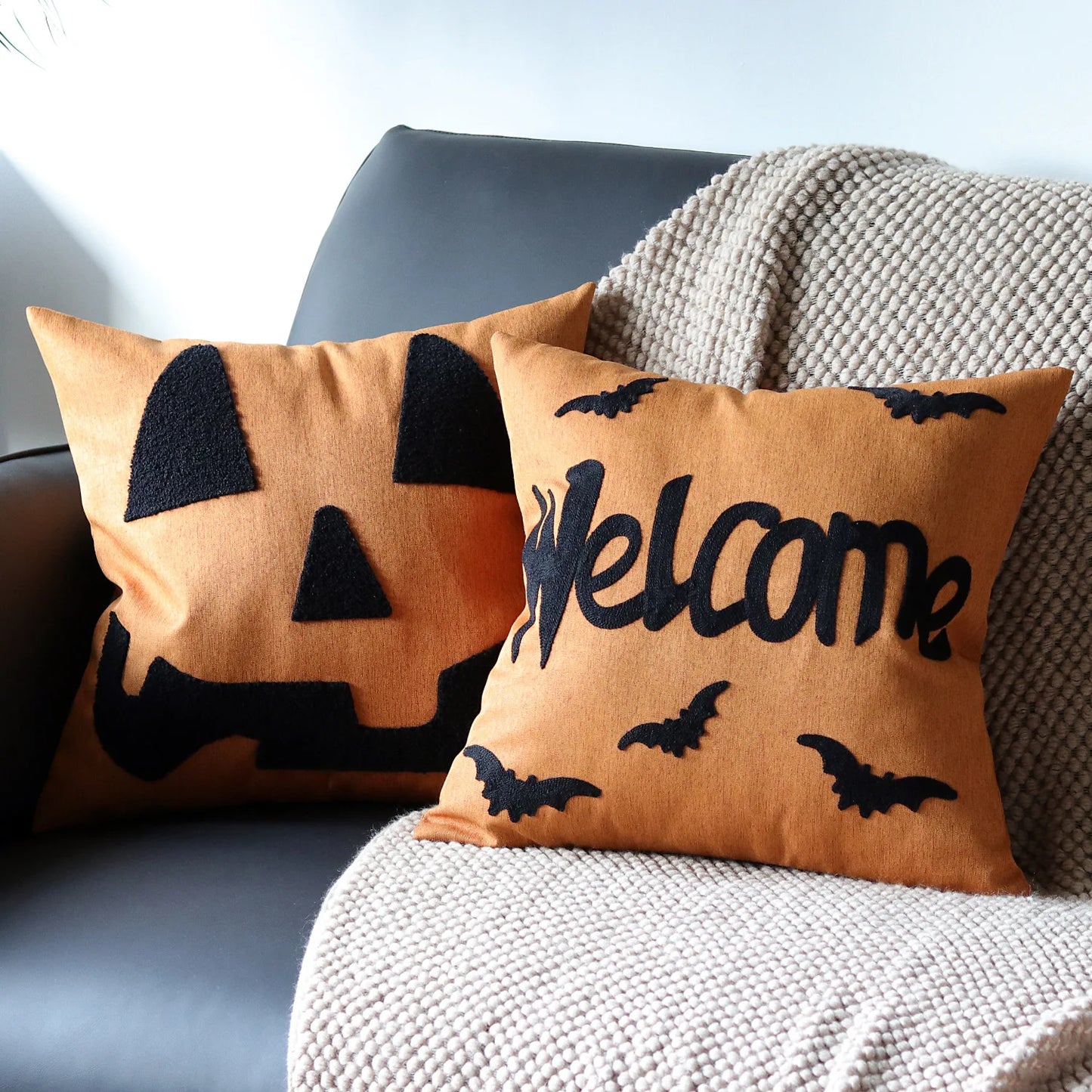 Halloween maple pumpkin throw pillow cover with festive lettering, autumn-themed decorative cushion for sofa, bed, and seasonal home decor