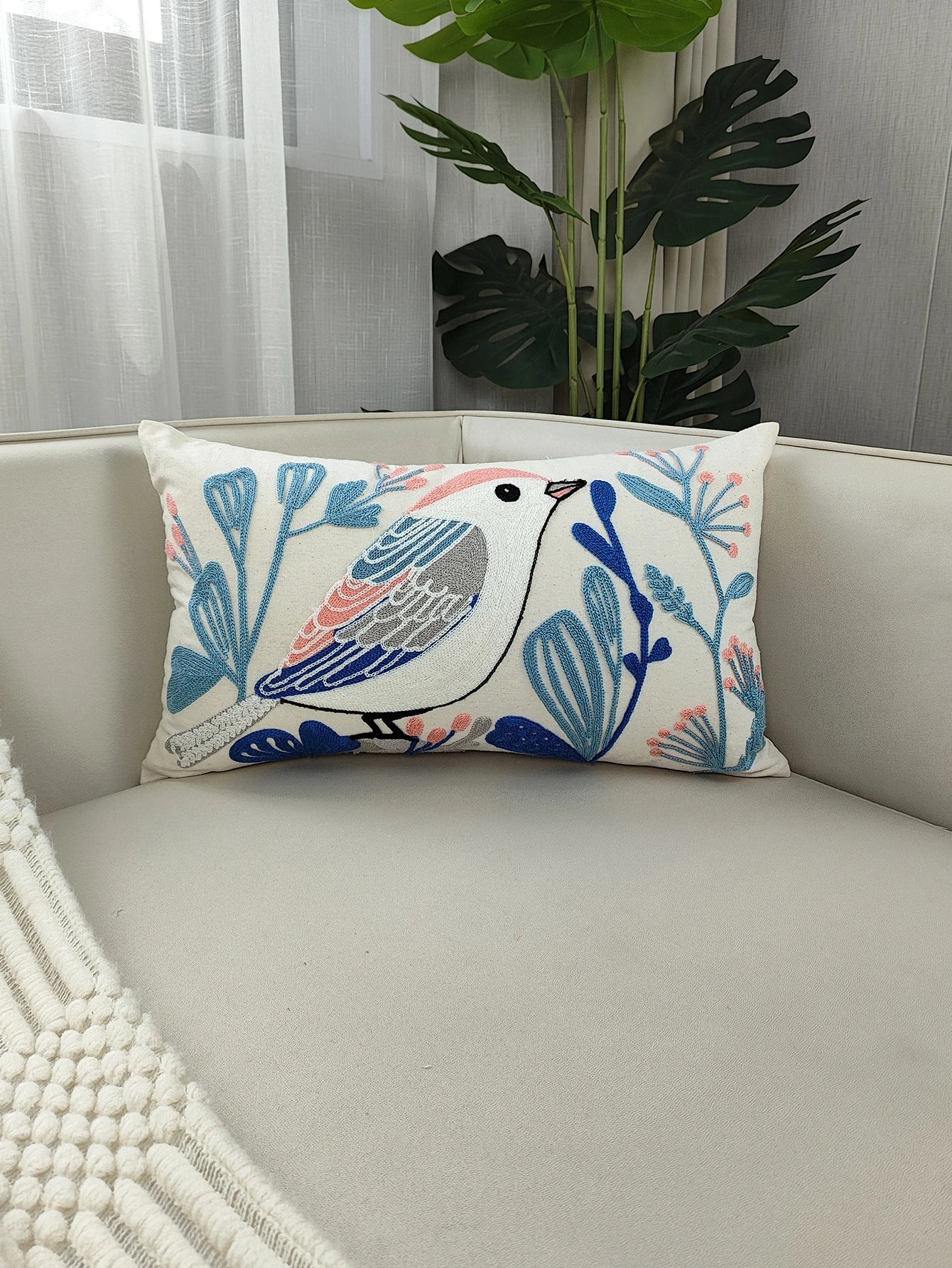 Luxury Embroidered Birds & Floral Pillow Cover – Boho Home Decor Cushion