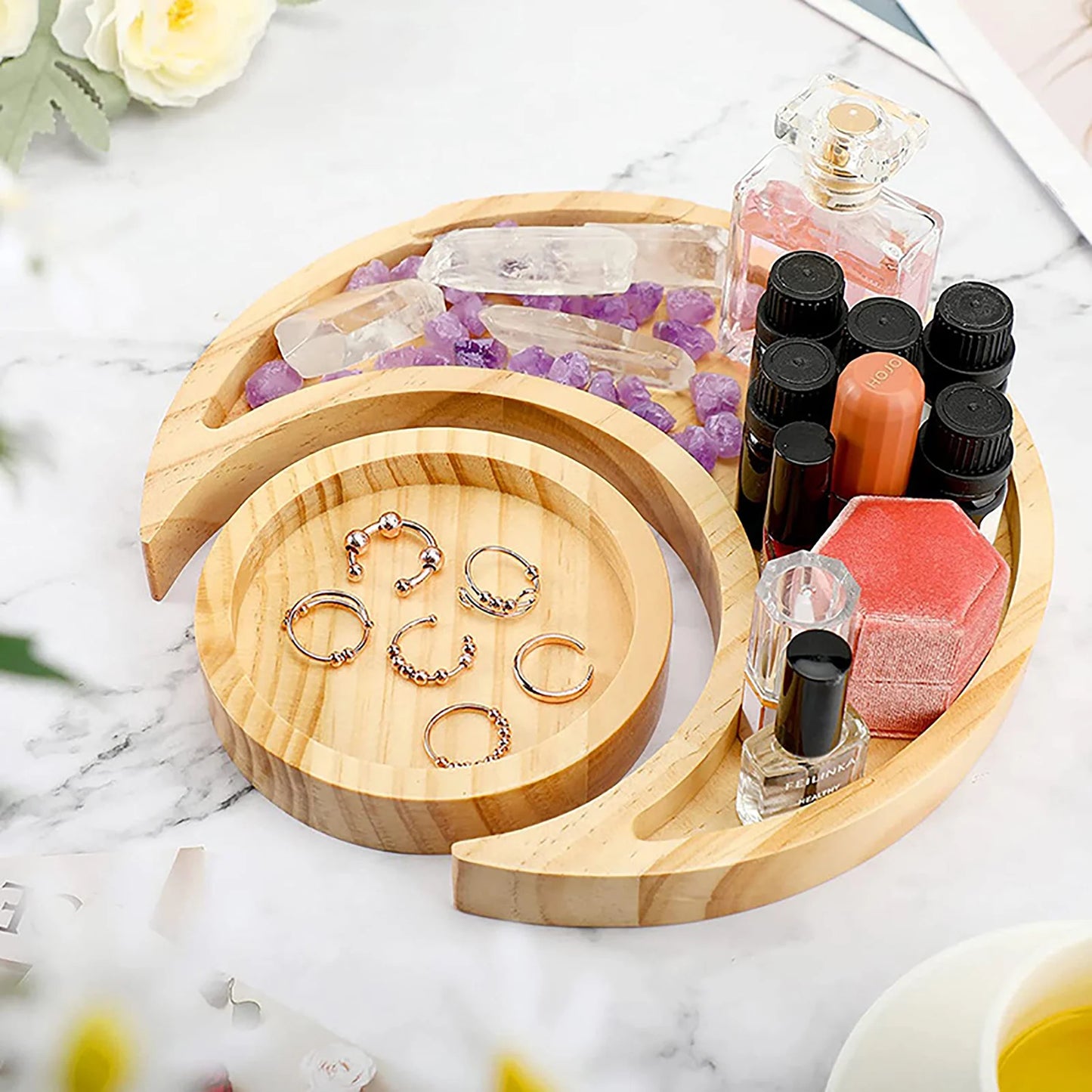 Wooden Serving Display Tray Rustic Boho Decor Decorative Dish Moon Sun Shape Jewelry Wood Plate 1Pc or 2Pcs