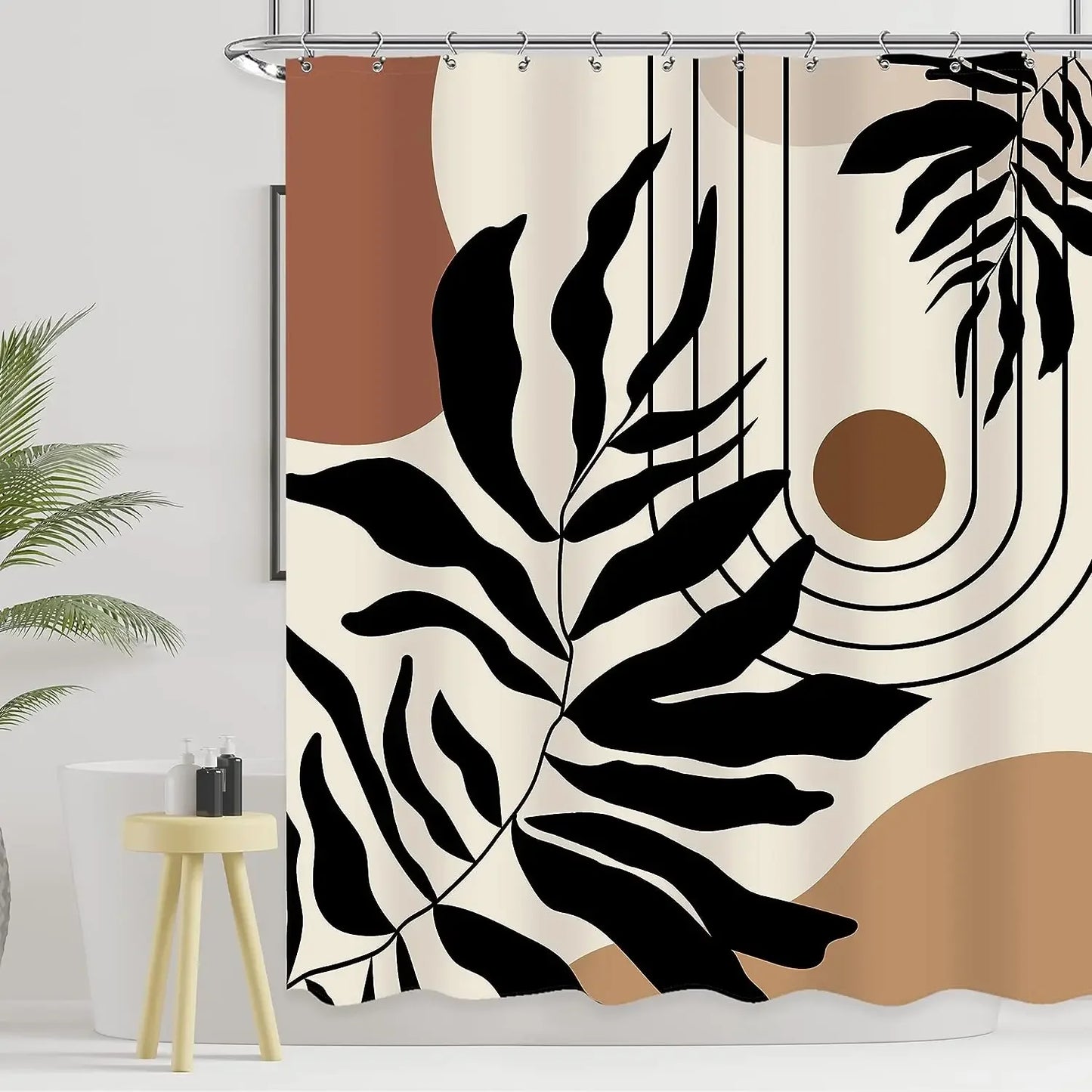 Abstract Bohemian Shower Curtain Arch Sun Moon Phases Boho Leaf Modern Minimalist aesthetic line geometric decorative Bathroom Home Decor Cat Leaves Mountains Outdoors