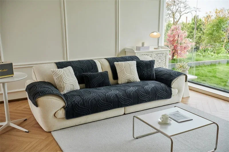 1PC Wave Striped Sofa Cover Solid Color Thicken Plush Sofa Towel Covers Non-slip Couch Slipcovers Sofa Mat for Living Room