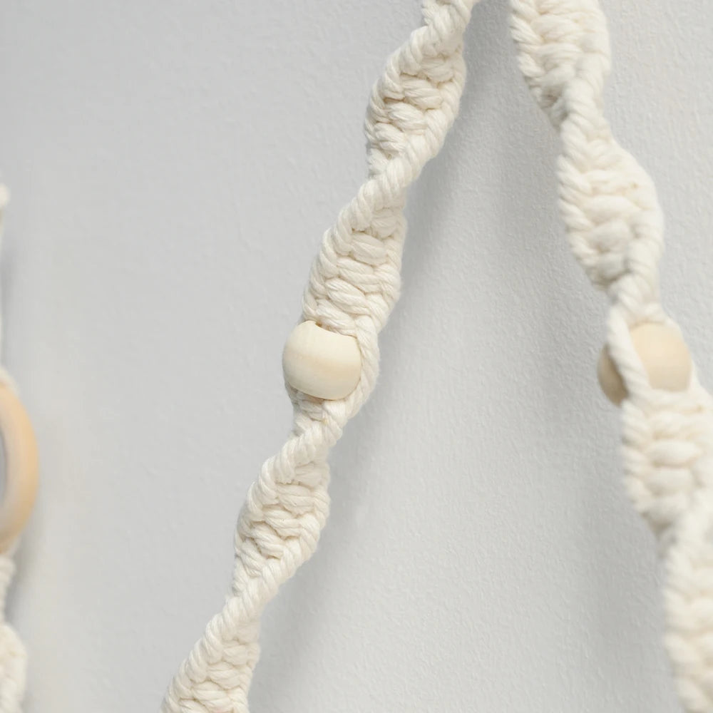 White rope with wooden beads on a light gray background boho home decor, toilet paper holder, bohemian bathroom accessory, tissue holder, wall-mounted towel rack, cotton rope toilet paper rack, wooden bead towel holder, rustic home decor, boho wall decor, bathroom organization, housewarming gift