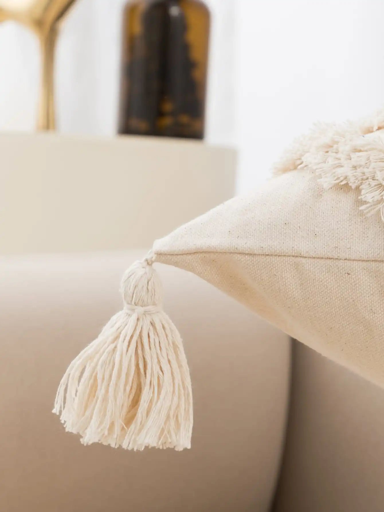 Beige Tufted Fringed Pillow Cover – Diamond Shaped Boho Home Decor Accent for Sofa, Bed & Living Room