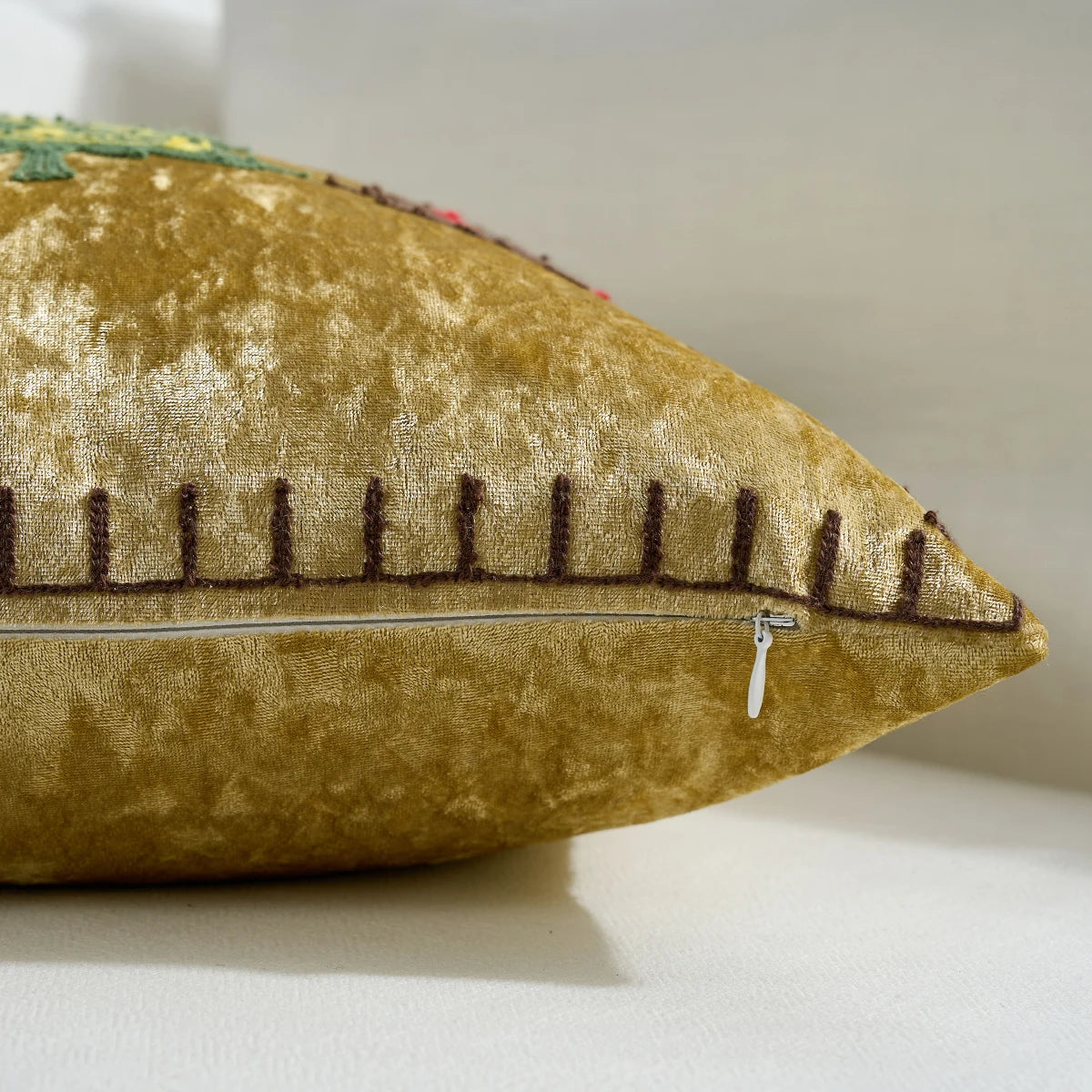 Gold velvet pillow with decorative stitching on a light background. Christmas embroidered pillow cover in gold, 18x18 inch festive cushion case for sofa, bed, or holiday home décor. Christmas Gift Ideas