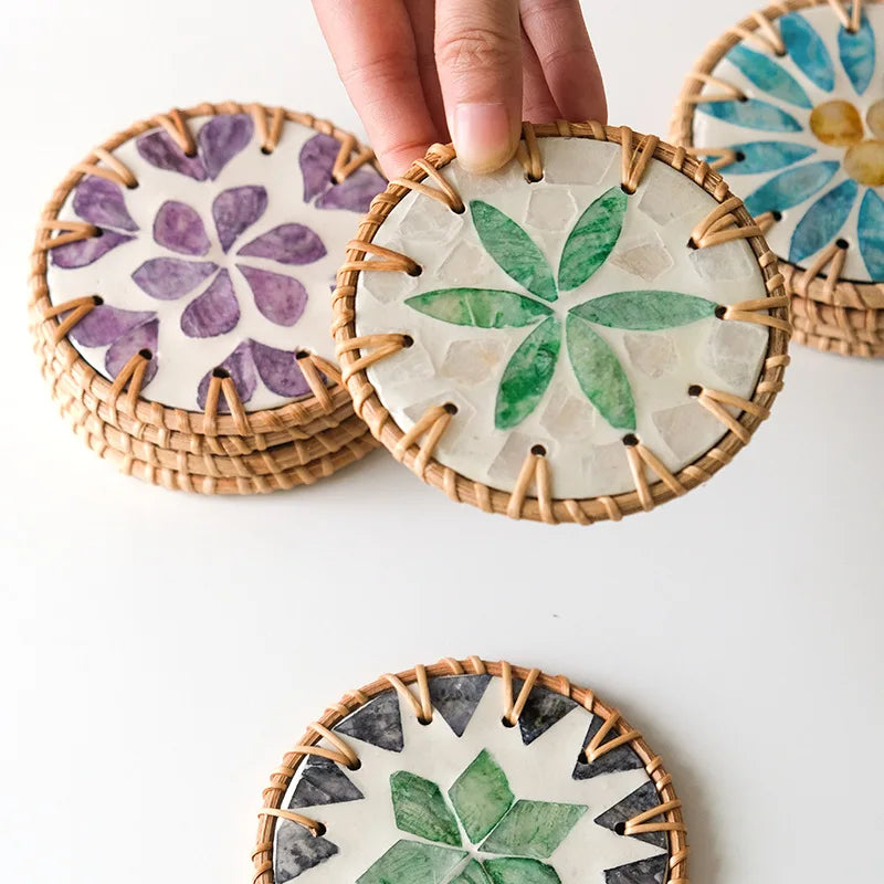 🌿 Boho Rattan Shell Coaster – Handwoven Prairie Chic Drink Mat
