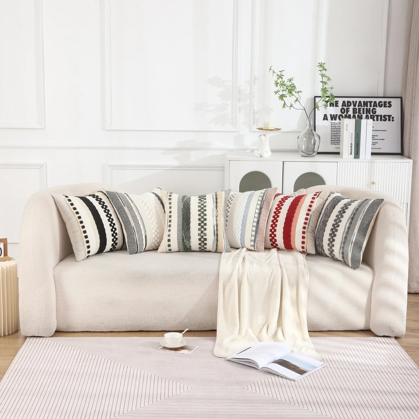 Boho Striped Chenille Throw Pillow Cover – Decorative Square Cushion for Cozy Home Accents