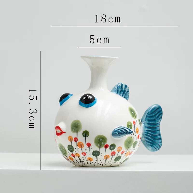Hand-Painted Ceramic Fish Vase – Modern Boho Home Decor, Wavy Pattern, Colorful Cartoon Fish Flower Pot
