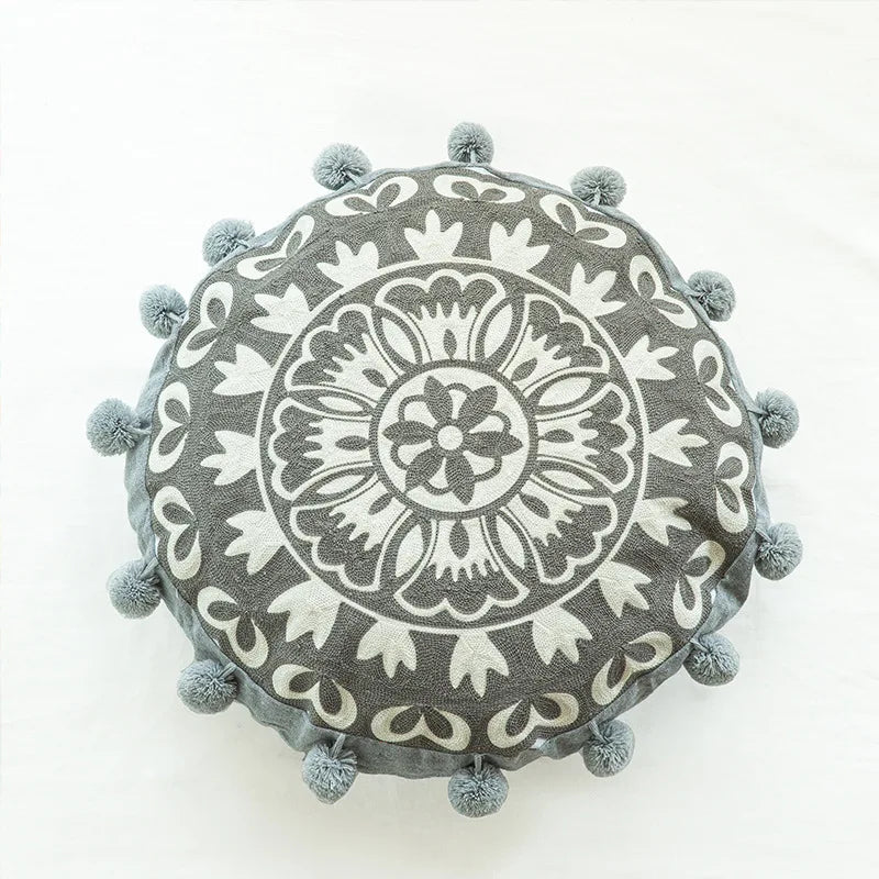 Boho Mandala Round Cushion Cover – Moroccan-Inspired Embroidered Throw Pillow Case for Boho Home Decor