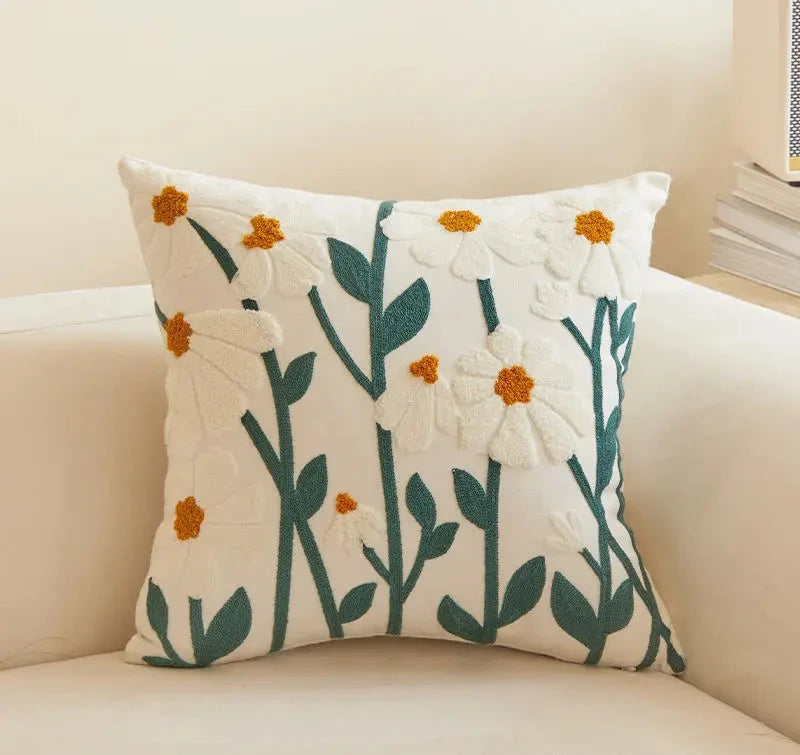 Canvas Floral Embroidered Cushion Cover Cotton Countryside Pillow Case for Living Room Luxury Home Decor Boho Flowers