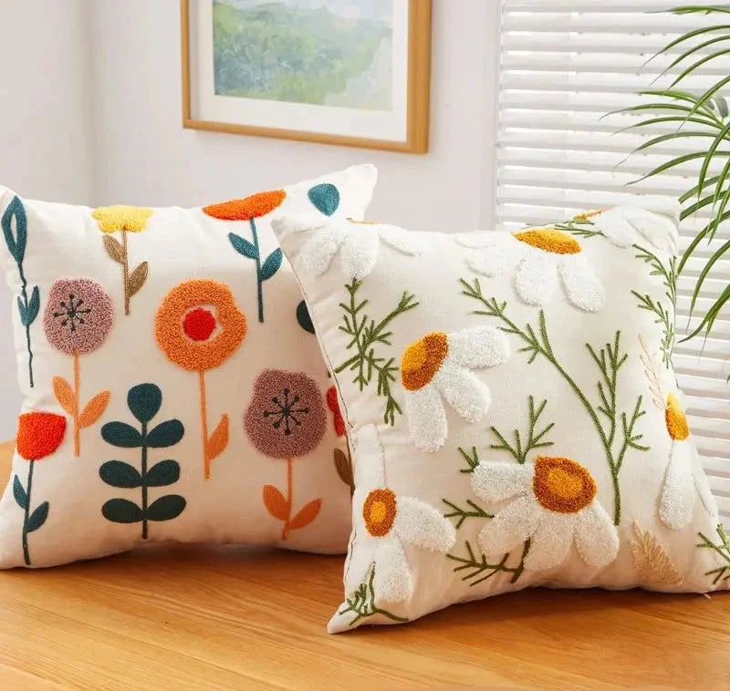 Canvas Floral Embroidered Cushion Cover Cotton Countryside Pillow Case for Living Room Luxury Home Decor Boho Flowers