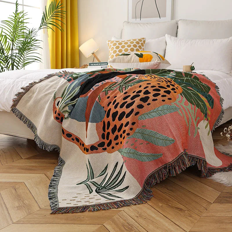 Boho Tassel Throw Blanket girl and cheetah