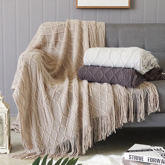 Boho Nordic Knitted Throw Blanket with Tassels – Geometric Diamond Design for Bed, Couch, and Living Room