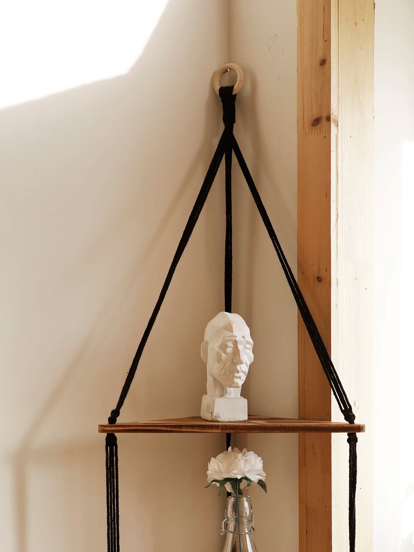 Boho Macrame Hanging Wooden Shelf – Handcrafted Floating Wall Shelf for Home Decor