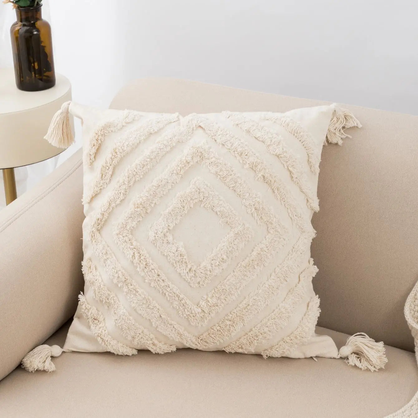 Beige Tufted Fringed Pillow Cover – Diamond Shaped Boho Home Decor Accent for Sofa, Bed & Living Room