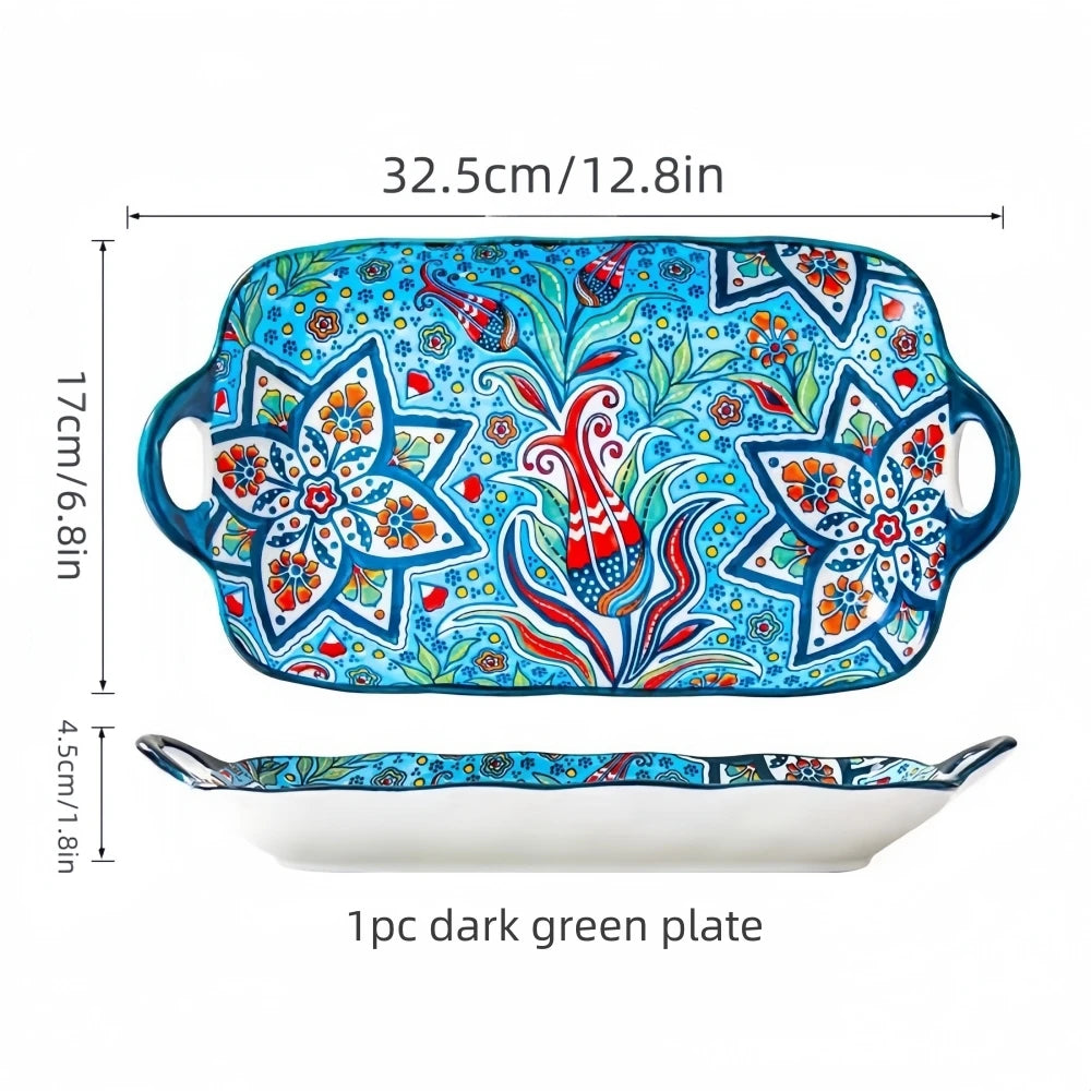 Boho Ceramic Fish Dish with Handle – Rectangular Serving Tray for Oven & Microwave