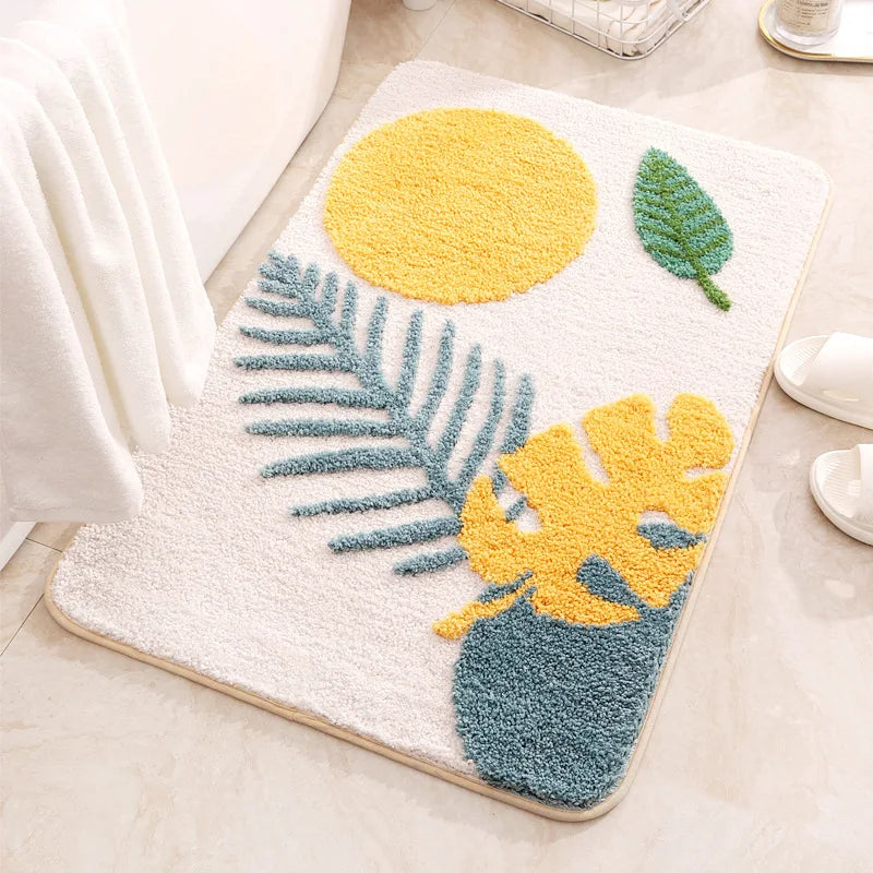 Boho Plant Art Non-Slip Bath Mat – Soft & Absorbent Bathroom Rug with Abstract Leaves