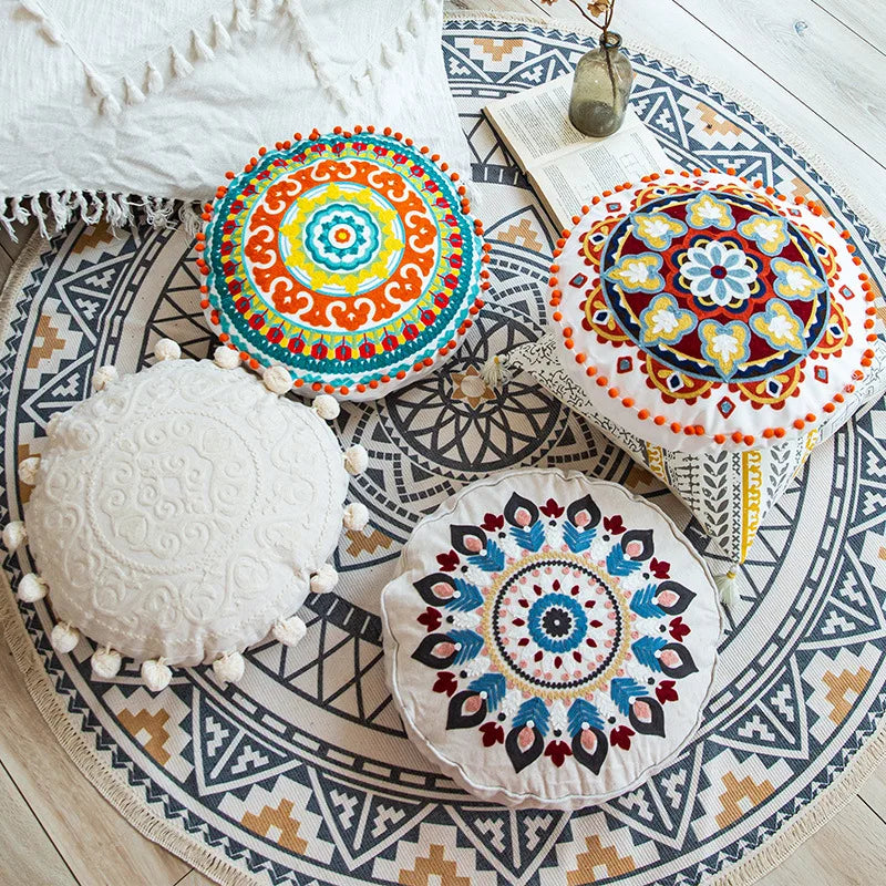 Boho Mandala Round Cushion Cover – Moroccan-Inspired Embroidered Throw Pillow Case for Boho Home Decor