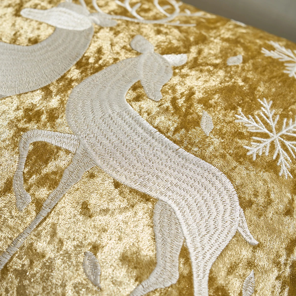 Embroidered deer design on a gold fabric background with snowflakes. Christmas embroidered pillow cover in gold, 18x18 inch festive cushion case for sofa, bed, or holiday home décor. Christmas Gift Ideas