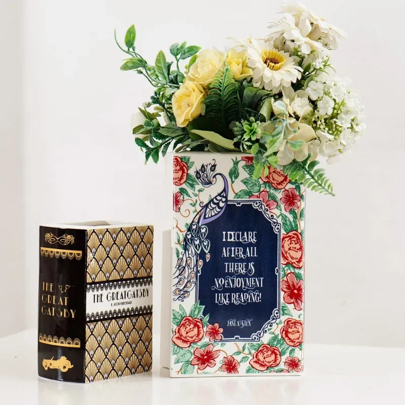 The Great Gatsby / Pride and Prejudice Square Painted Flowers Display Book Ceramic Vase Arrangement Art Decor Home Decoration Boho
