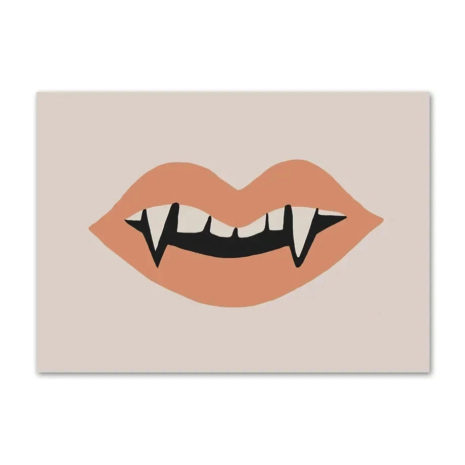 Lips with vampire Fangs design on a beige background Halloween Boho Print Art