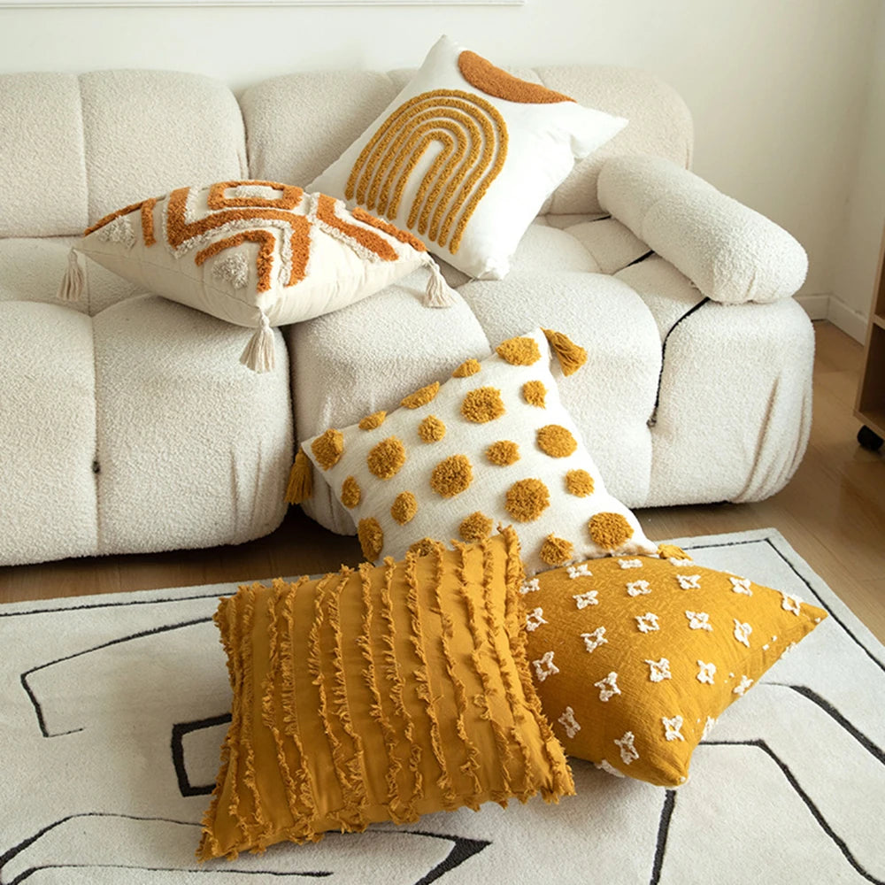 Boho Embroidered Throw Pillowcase – Cushion Cover with Tassels & Geometric Design