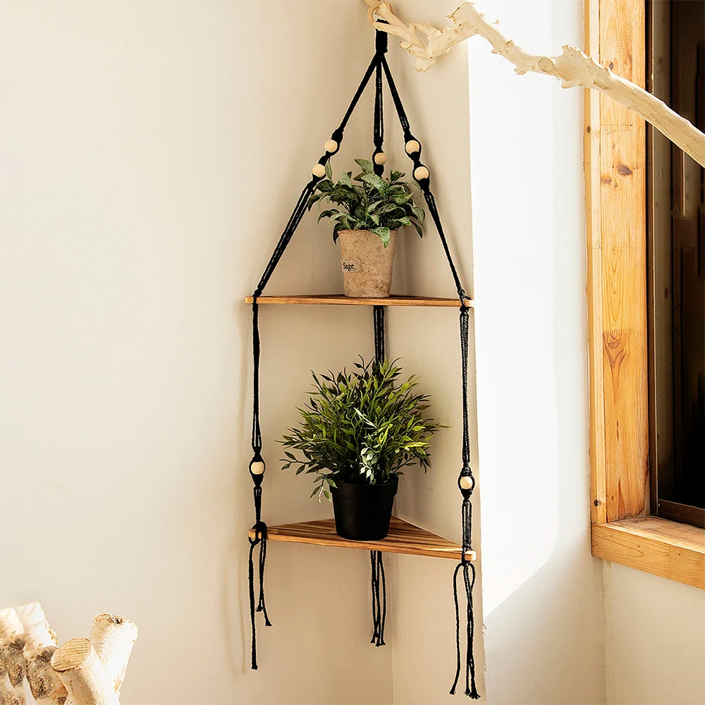 Boho Macrame Hanging Wooden Shelf – Handcrafted Floating Wall Shelf for Home Decor