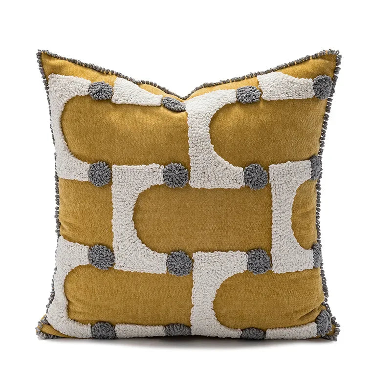 Decorative pillow with geometric pattern on a white background Nordic blue tufted cushion cover with geometric stripe and grid crochet pattern, tassel pillow cover for sofa, bed, and boho home decor