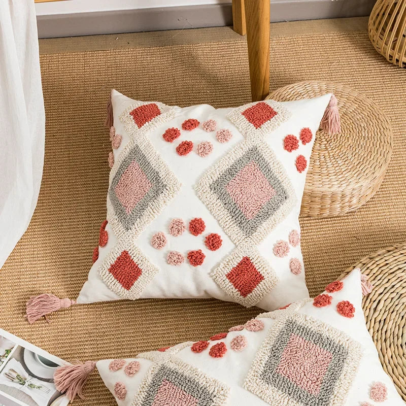 Boho Loop Tufted Cushion Cover – Handmade Cotton Canvas Pillow with Tassels & Embroidery