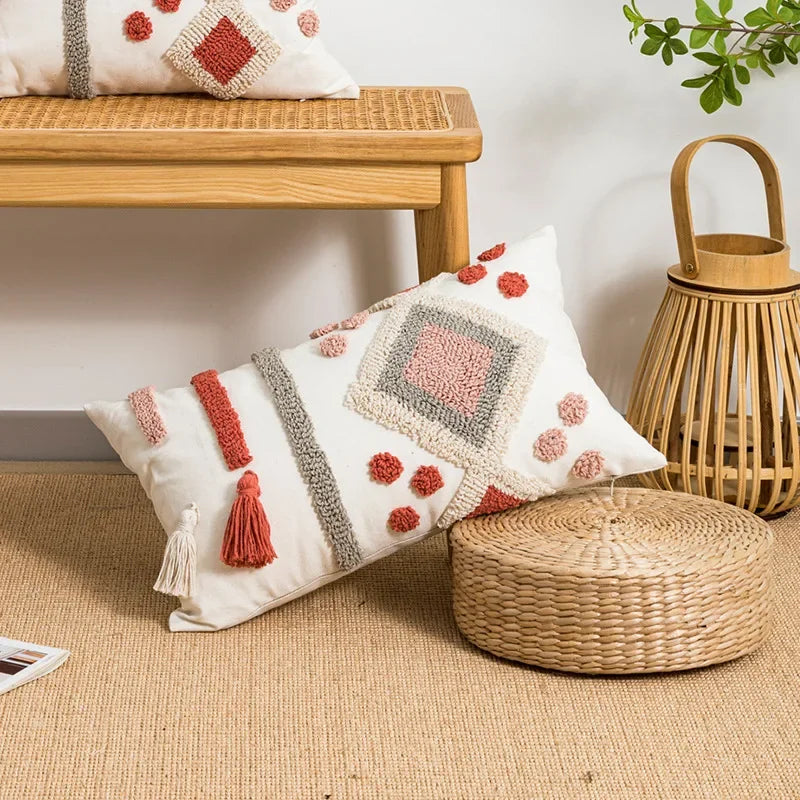 Boho Loop Tufted Cushion Cover – Handmade Cotton Canvas Pillow with Tassels & Embroidery