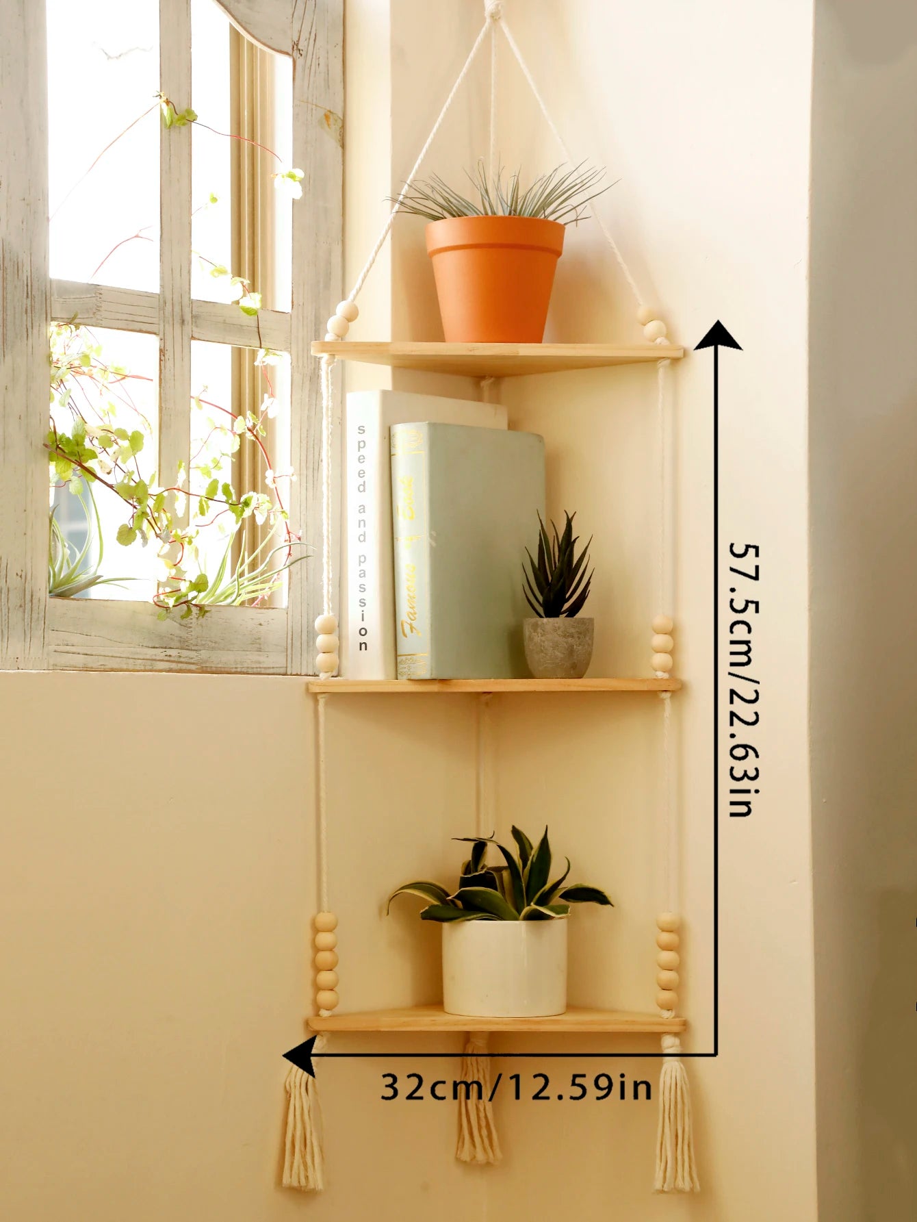 Boho Macrame Hanging Wooden Shelf – Handcrafted Floating Wall Shelf for Home Decor