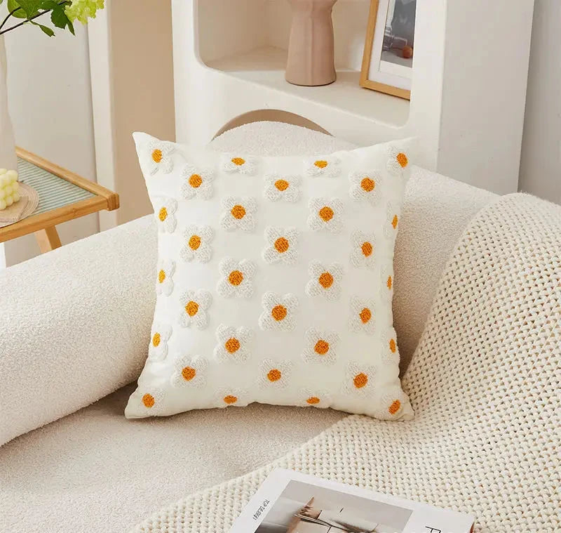 Canvas Floral Embroidered Cushion Cover Cotton Countryside Pillow Case for Living Room Luxury Home Decor Boho Flowers